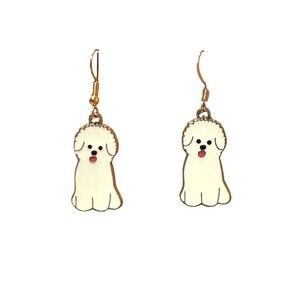 Enamel White Puppy Dog Charm 10kt Gold Plated Earrings #2169